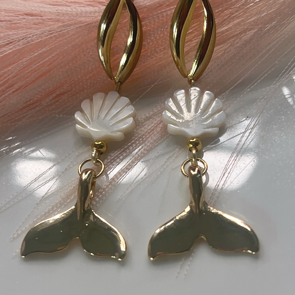 Gold Plated and White Shell Mermaid Earrings